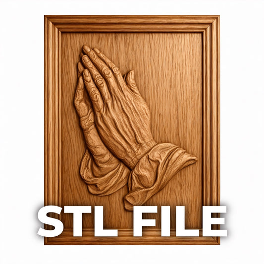 Detailed wooden praying hands relief carving in framed panel design, ideal for CNC wall art and religious wood carving projects