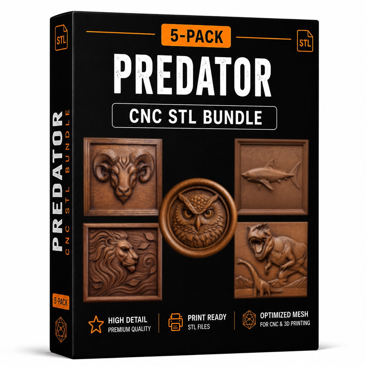 Introducing the Predator Relief 5-Pack CNC STL Bundle | Wildlife CNC Wall Art by Form Arcade, featuring five highly detailed animal relief designs—bull, shark, lion, wolf, and eagle. Perfect for CNC relief carving and woodworking projects, this 5-Pack bundle provides print-ready files with optimized mesh for high-detail results.