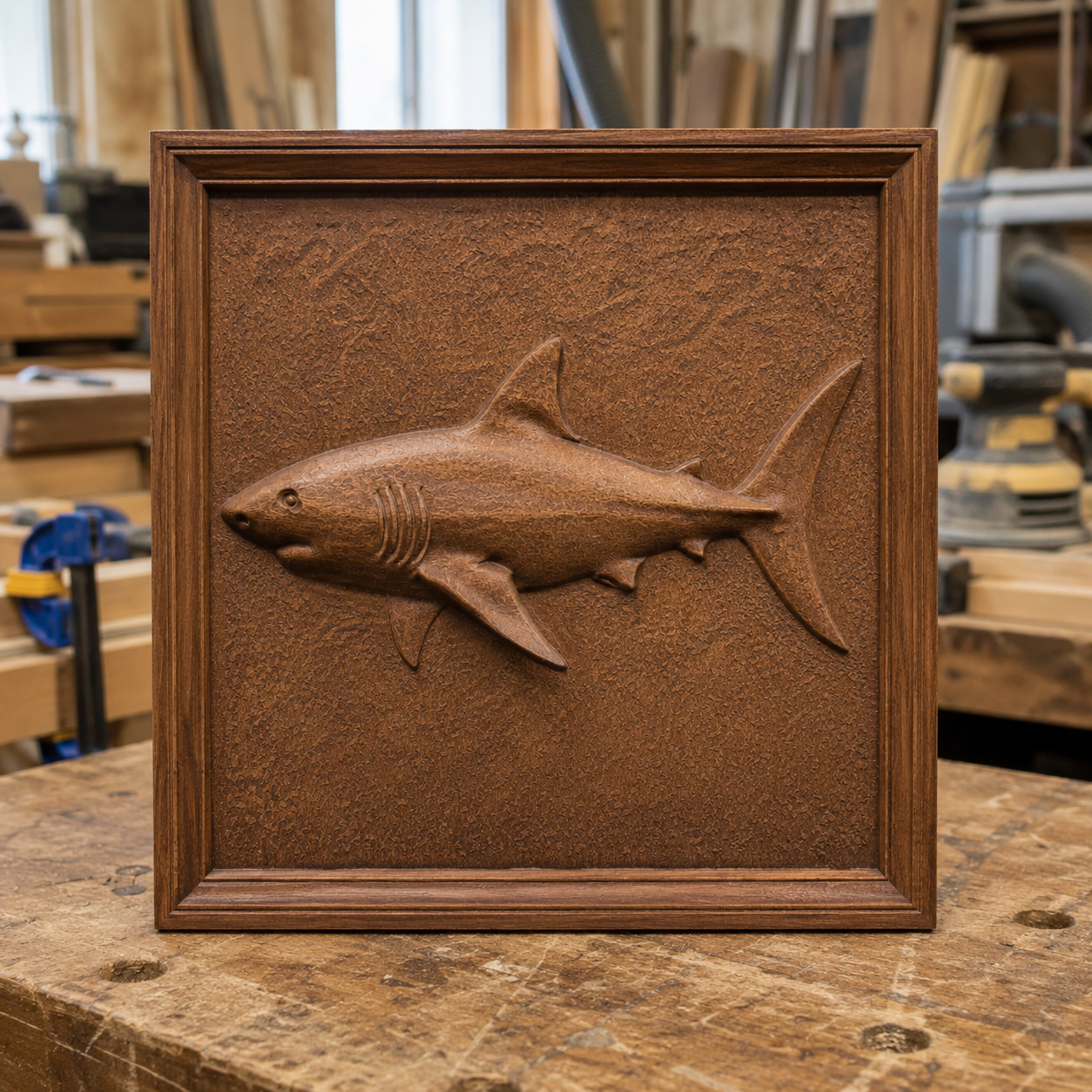 A wooden plaque featuring a carved shark design from the Form Arcade Predator Relief 5-Pack CNC STL Bundle | Wildlife CNC Wall Art stands on a workbench in a woodworking shop, surrounded by tools and materials—a perfect showcase of precision CNC relief carving for woodworking projects.