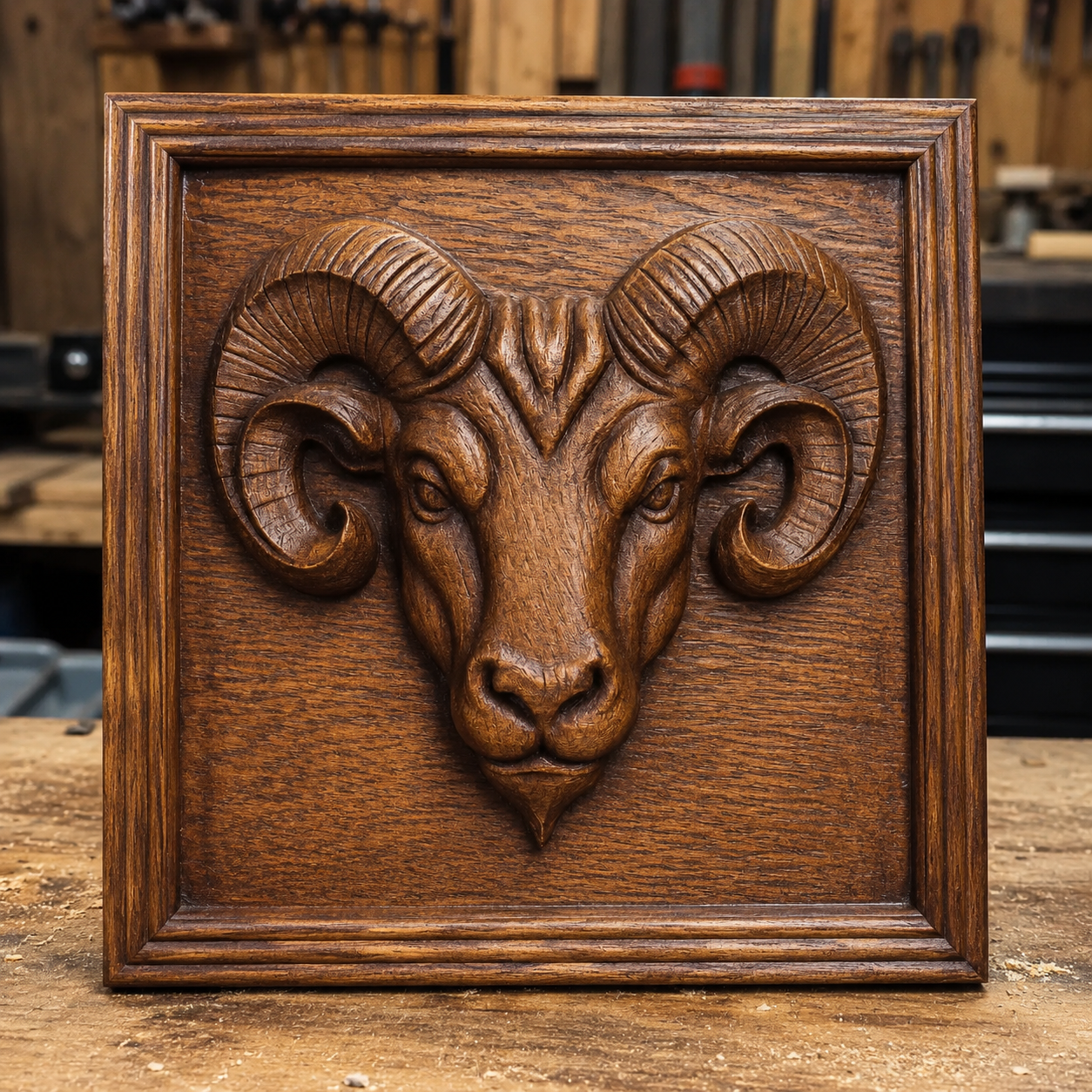 A meticulously crafted wood carving of a ram's head with curled horns, set within a square frame and displayed on a workbench, highlights the artistry behind woodworking projects like those in the Predator Relief 5-Pack CNC STL Bundle by Form Arcade. This Wildlife CNC Wall Art collection offers inspiring designs for relief carving enthusiasts.