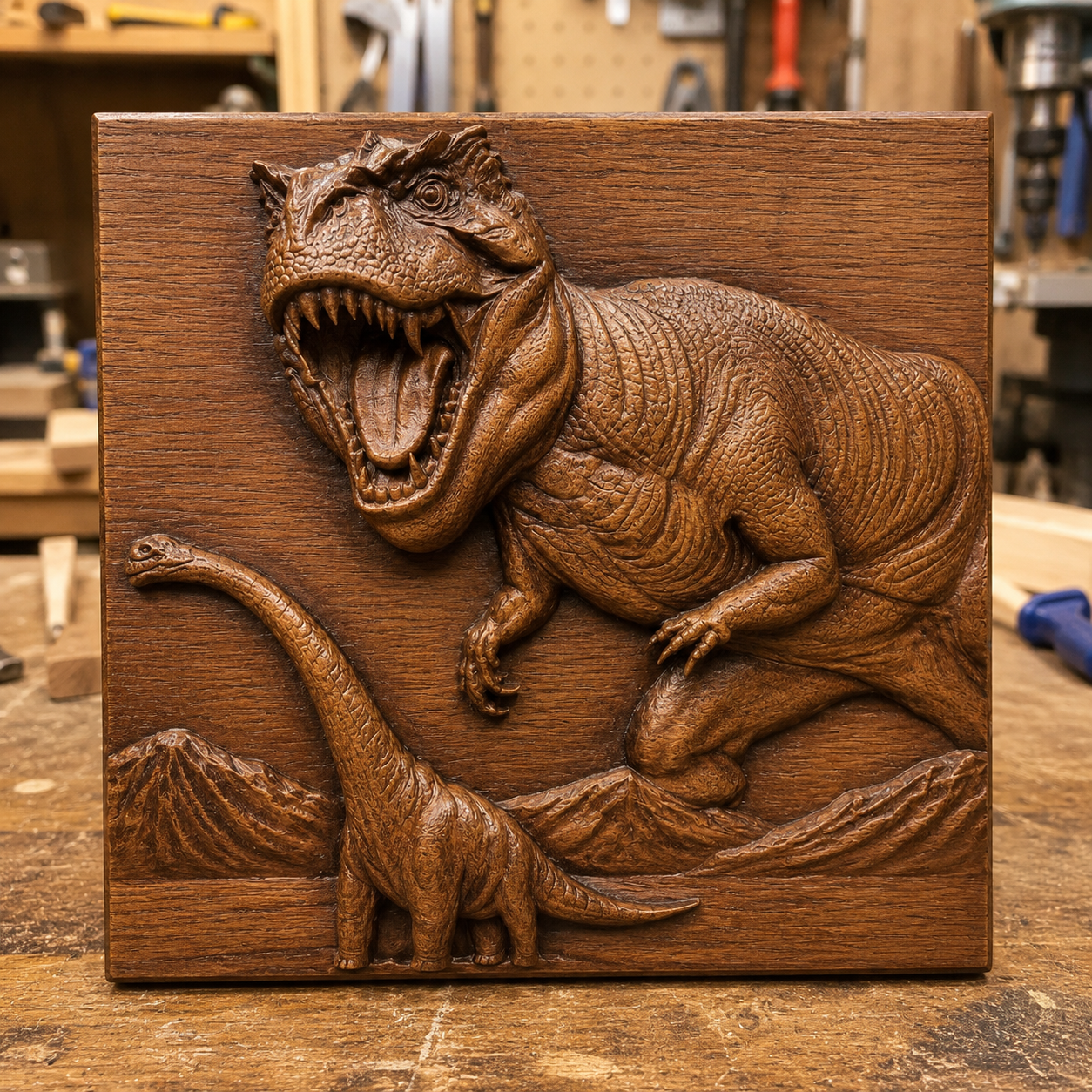 This detailed wooden carving from Form Arcade’s Predator Relief 5-Pack CNC STL Bundle | Wildlife CNC Wall Art features a roaring T. rex towering over a smaller long-necked dinosaur with mountain scenery in the background, all displayed within a workshop setting. Perfect for woodworking projects, this impressive design is also available as a CNC relief carving, making it an excellent choice for enthusiasts seeking intricate wall art.