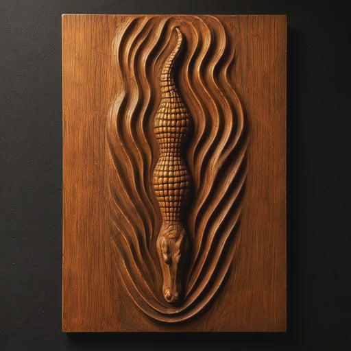 Rotating video of an alligator wildlife CNC relief carving in stained wood featuring carved reptile scales, realistic woodworking texture, smooth bas-relief depth, and dramatic lighting.