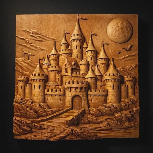Rotating video of a medieval stone castle CNC relief carving in stained wood with layered architecture, carved stone textures, realistic woodworking detail, and fantasy landscape depth.