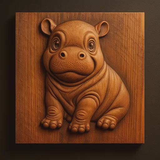 Rotating video of a cute hippo CNC relief carving in stained wood featuring smooth bas-relief depth, detailed facial carving, realistic woodworking texture, visible toolpaths, and warm workshop lighting.
