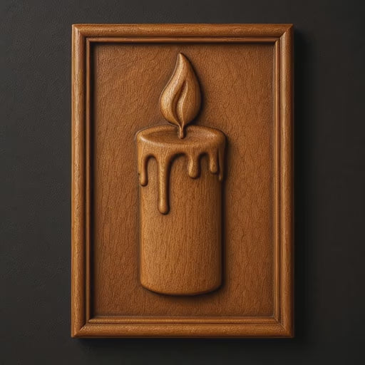 Rotating video of a candle flame CNC relief carving in stained wood featuring flowing carved lines, decorative depth transitions, visible toolpaths, and warm ambient lighting.