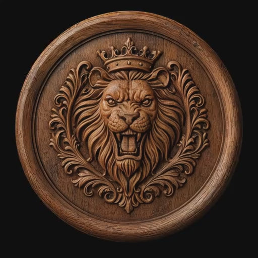 Rotating video of a royal lion crest medallion CNC relief carving in stained wood featuring ornate carved details, circular emblem depth, realistic toolpaths, and warm lighting.