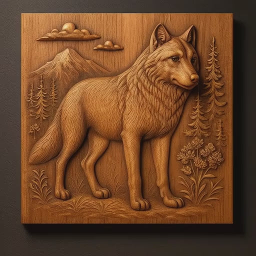 Rotating video of a wolf portrait mountain CNC relief carving in stained wood featuring detailed fur texture, carved mountain scenery, smooth depth transitions, and realistic toolpaths.