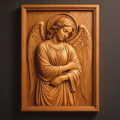 Video showing the relief cut rotating to show the finished cnc cut of the guardian angel