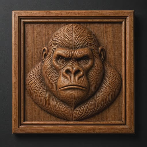 Rotating video of a gorilla portrait wooden CNC relief carving with realistic fur texture, detailed facial carving, layered bas-relief depth, and natural stained wood grain.