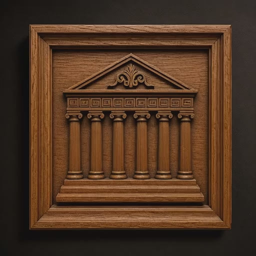 Rotating video of a Greek Parthenon temple CNC relief carving in stained wood featuring carved columns, classical architecture detail, layered bas-relief depth, and realistic machining texture.