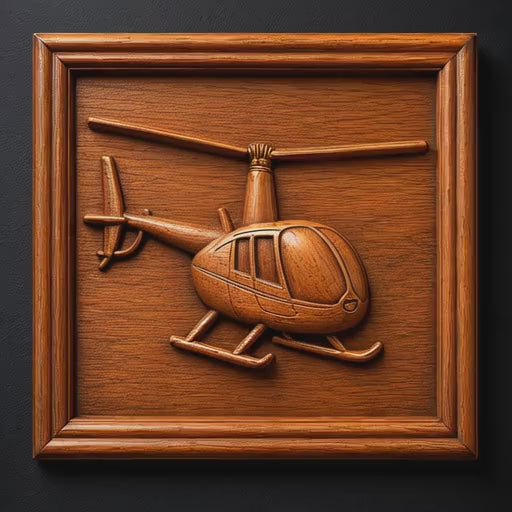 Rotating video of a helicopter aircraft CNC relief carving in stained wood featuring detailed rotor blades, layered aviation depth, realistic toolpaths, and smooth carved textures.
