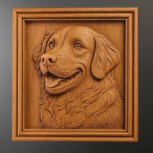 Rotating video of a smiling dog portrait wooden CNC relief carving with realistic fur texture, expressive facial detail, smooth carved depth, and visible woodworking marks.