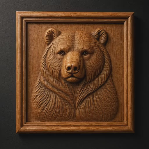 Rotating video of a bear portrait CNC relief carving in stained wood featuring realistic fur texture, deep wildlife carving detail, visible machining marks, and warm cinematic lighting.