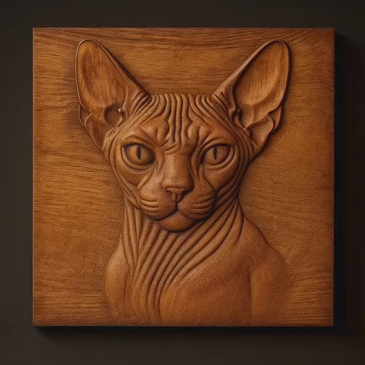 Rotating video of a Sphynx cat portrait CNC relief carving in stained wood featuring detailed facial contours, smooth carved depth, realistic wood grain, visible machining marks, and cinematic lighting.