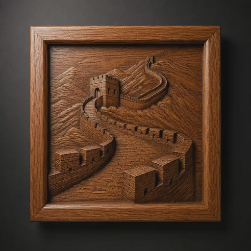 Rotating video of a Great Wall of China wooden CNC relief carving featuring mountainous scenery, carved stone pathways, realistic stained wood grain, and smooth bas-relief depth.