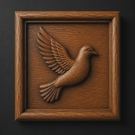 Rotating video of a flying dove CNC relief carving in stained wood featuring detailed feather texture, smooth bas-relief depth, realistic woodworking detail, visible toolpaths, and warm cinematic lighting.