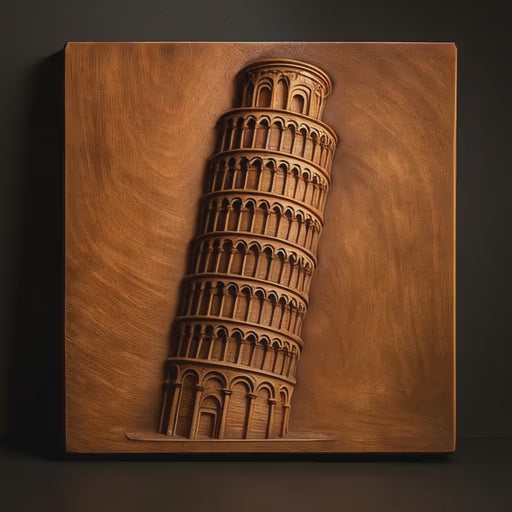 Rotating video of a Leaning Tower of Pisa CNC relief carving in stained wood featuring detailed architectural carving, layered depth, realistic toolpaths, and warm workshop lighting.