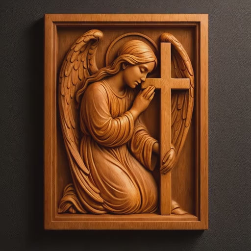 Video showing the relief cut rotating to show the finished cnc cut of the kneeling angel