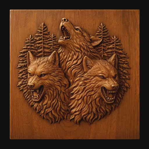 Rotating video of a three wolves howling wooden CNC relief carving with detailed wildlife textures, mountain scenery, layered carved depth, and realistic stained wood grain.