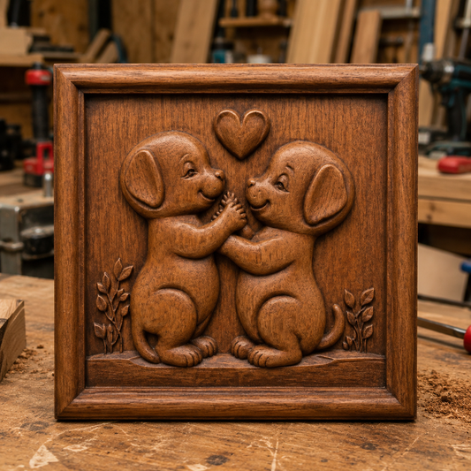 The Puppy Love Relief STL File by Form Arcade features two playful puppies facing each other, touching paws under a heart with small plants nearby. This cute dog CNC wall art is perfect for display in your woodworking shop.