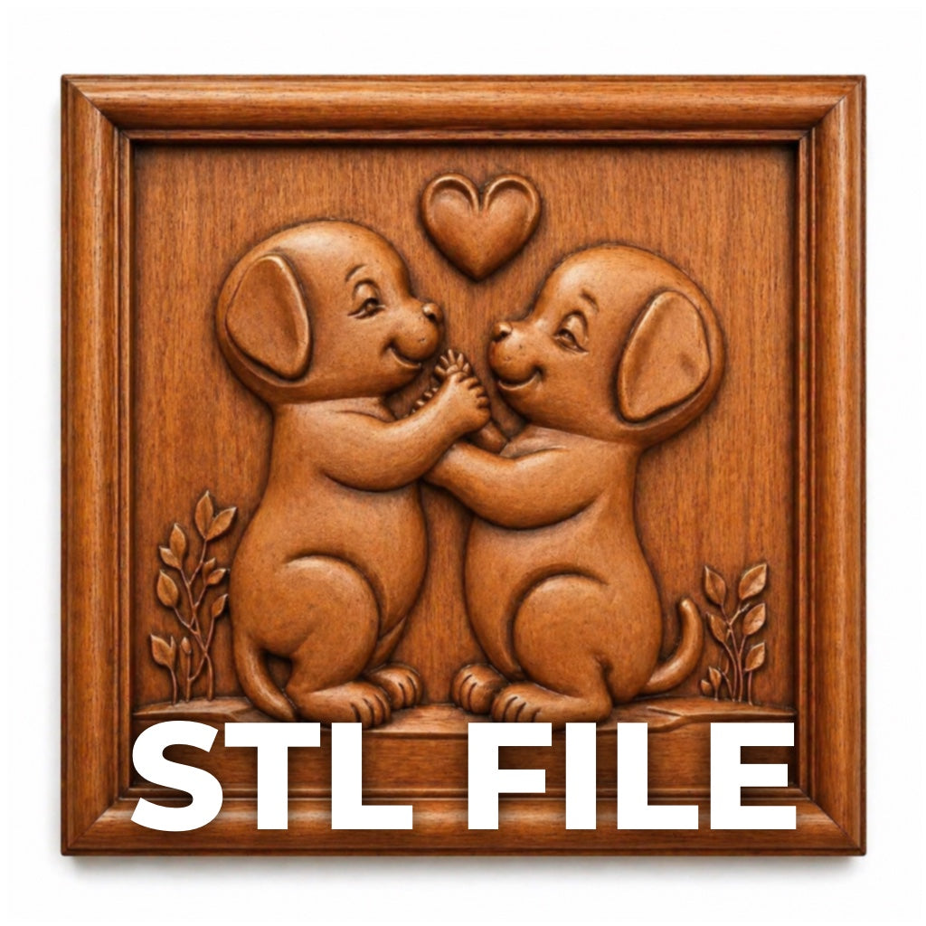 The Puppy Love Relief STL File by Form Arcade features two puppies touching paws with a heart above and is perfect for CNC carving or 3D printing—ideal cute dog wall art for your space.