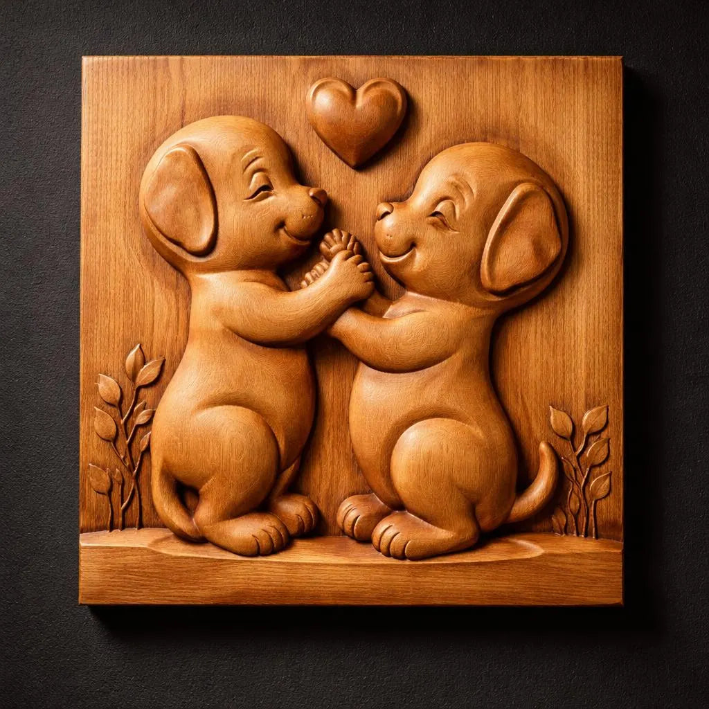 The Puppy Love Relief STL File by Form Arcade is a cute dog CNC wall art showing two smiling puppies standing on hind legs, touching paws with a heart above, and plants on each side against a dark background.