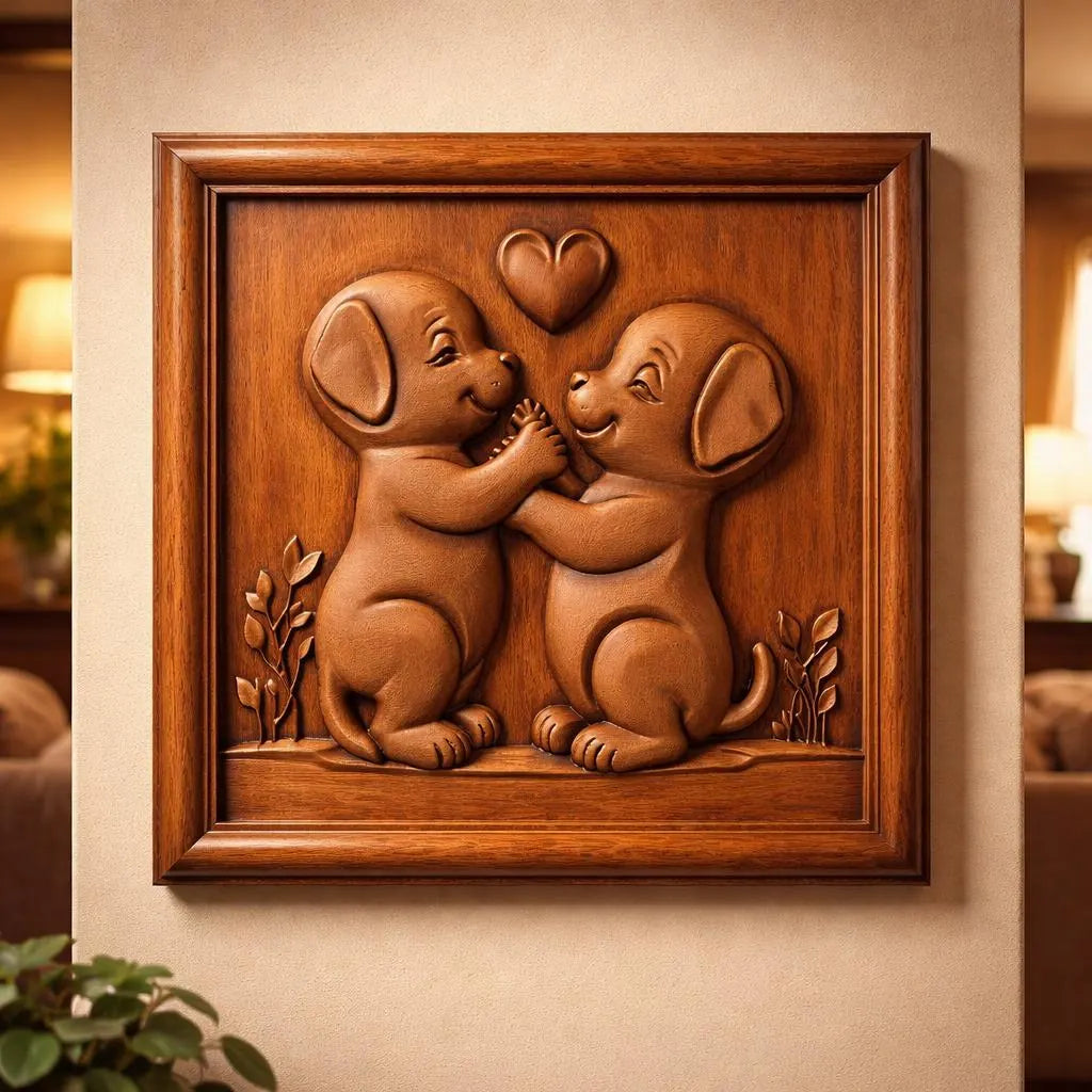 The Puppy Love Relief STL File by Form Arcade is a cute dog CNC wall art featuring two puppies sitting face to face, touching paws under a heart with leafy bottom details, all in a square wooden frame.