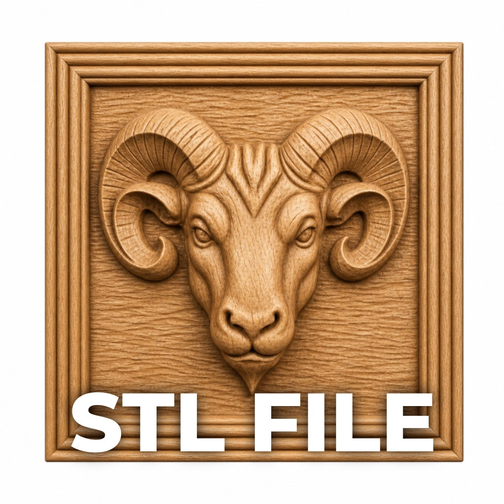The Ram Head Portrait Relief STL File by Form Arcade features a 3D carved wooden ram in a square frame, labeled "STL FILE"—ideal for wildlife CNC wall art and relief carving projects.