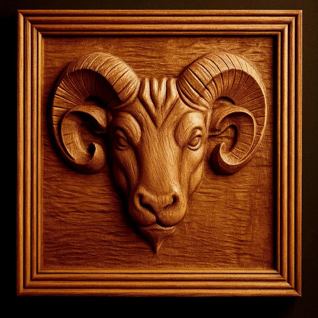 The Ram Head Portrait Relief STL File by Form Arcade is a detailed CNC wall art design featuring a ram’s head with curved horns in a square, ornate frame, highlighting its textured fur and wildlife features.