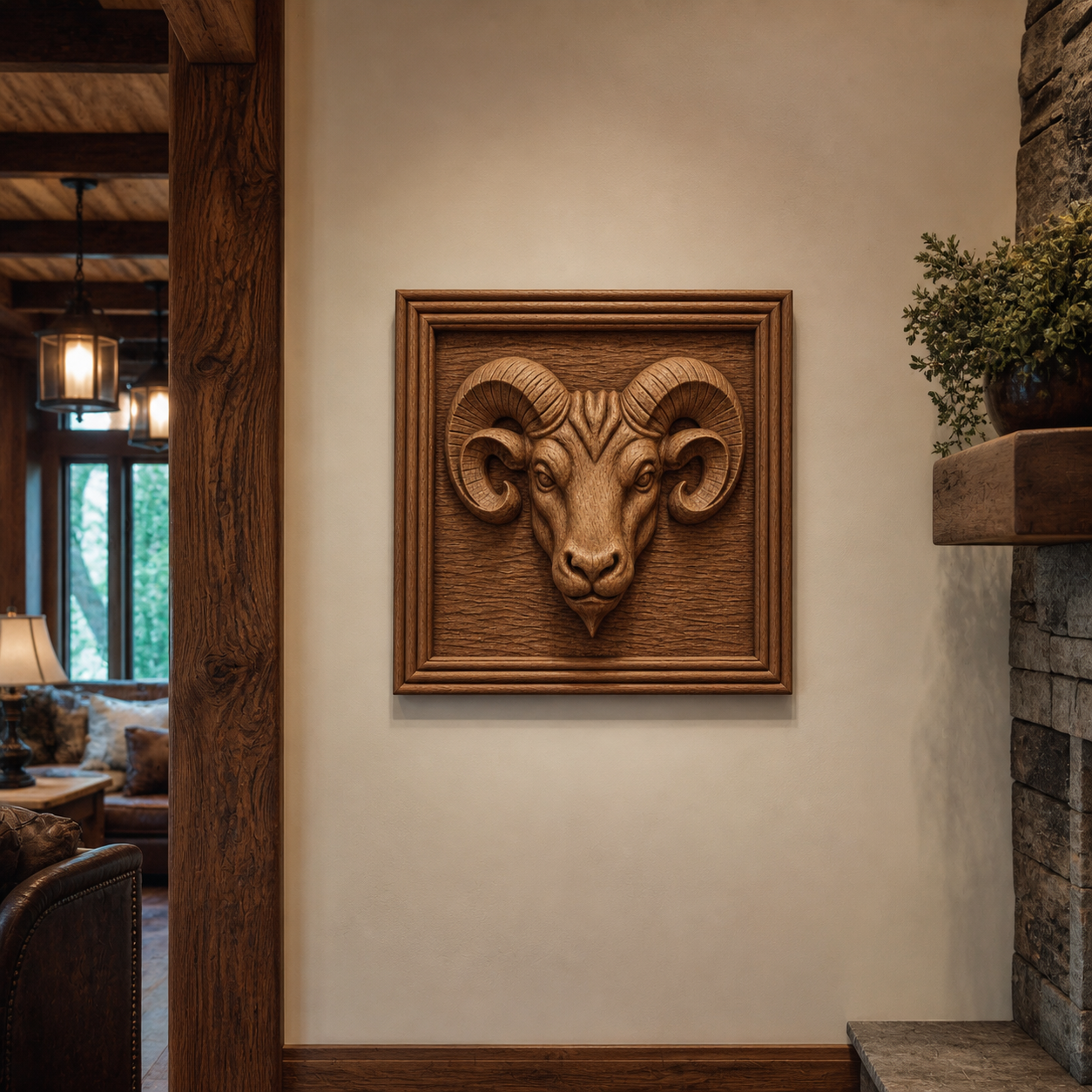 The Ram Head Portrait Relief STL File by Form Arcade, designed for wildlife CNC wall art, is showcased in a wooden frame on a cream wall, adding rustic charm to a living room with wood beams, stone accents, and gentle lighting.