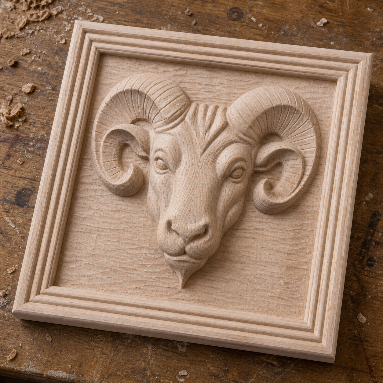 The Ram Head Portrait Relief STL File by Form Arcade features a detailed curved-horn design in a rectangular frame, perfect for wildlife CNC wall art.