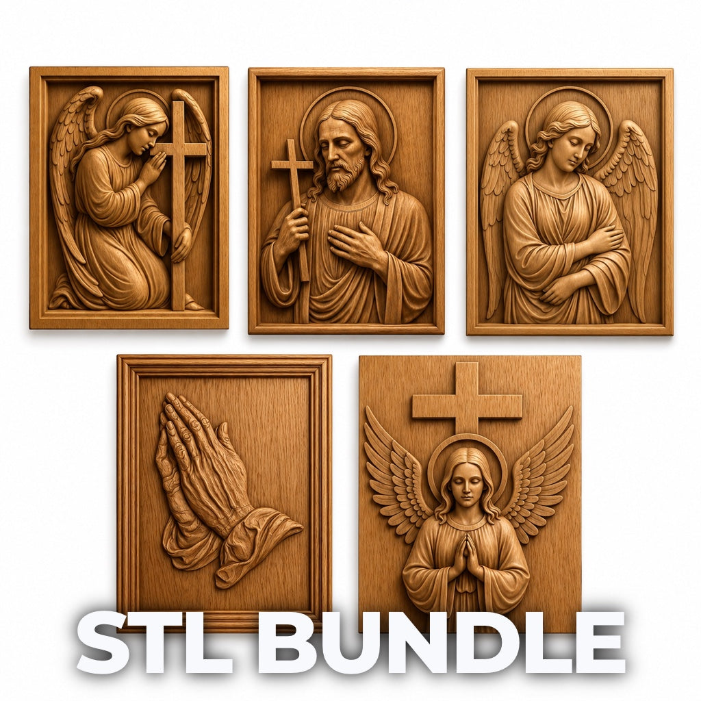 Form Arcade's Inspirational Religious 5-Pack CNC STL Bundle features angel, praying hands, and cross-holding figure designs—ideal for Christian CNC wall art or woodworking projects. Large "STL BUNDLE" text appears at the bottom.