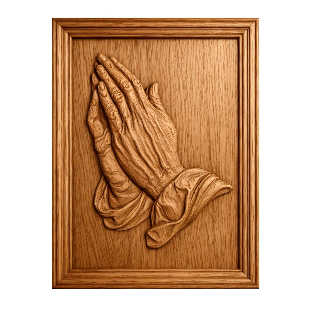 The Form Arcade Inspirational Religious 5-Pack CNC STL Bundle features Christian wall art, including a design of two hands in prayer with detailed sleeves and lifelike lines, perfect for your woodworking or CNC projects.