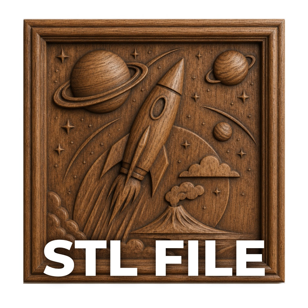 The Retro Rocket Relief STL File by Form Arcade is a CNC wall art design featuring a rocket launch, planets, stars, and clouds. "Retro Rocket Relief STL" appears at the bottom of the carved wooden panel.