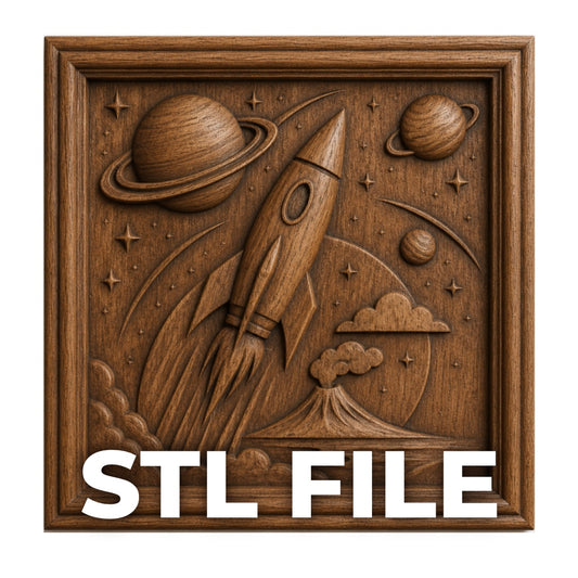 The Retro Rocket Relief STL File by Form Arcade is a CNC wall art design featuring a rocket launch, planets, stars, and clouds. "Retro Rocket Relief STL" appears at the bottom of the carved wooden panel.