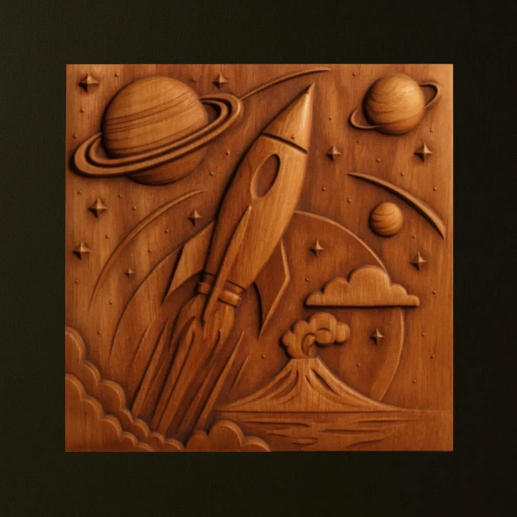 The Retro Rocket Relief STL File by Form Arcade features a space-themed bas relief with a rocket launch, volcano, clouds, planets, and stars—perfect CNC wall art for woodworking or carving projects.