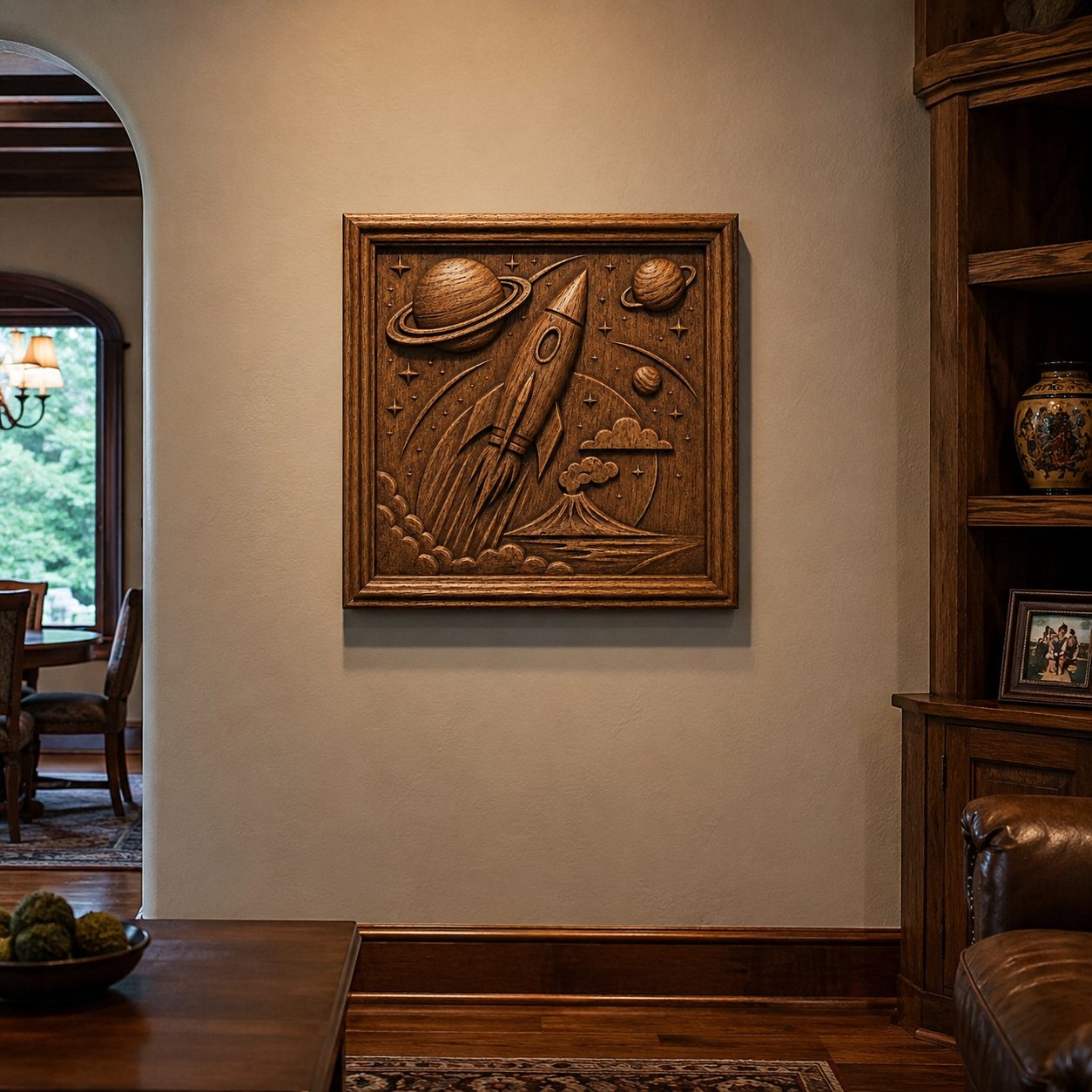 The Retro Rocket Relief STL File | Space CNC Wall Art by Form Arcade features a framed wooden CNC-carved rocket ship with planets and stars, hanging between an archway and a wooden bookshelf in the living room.