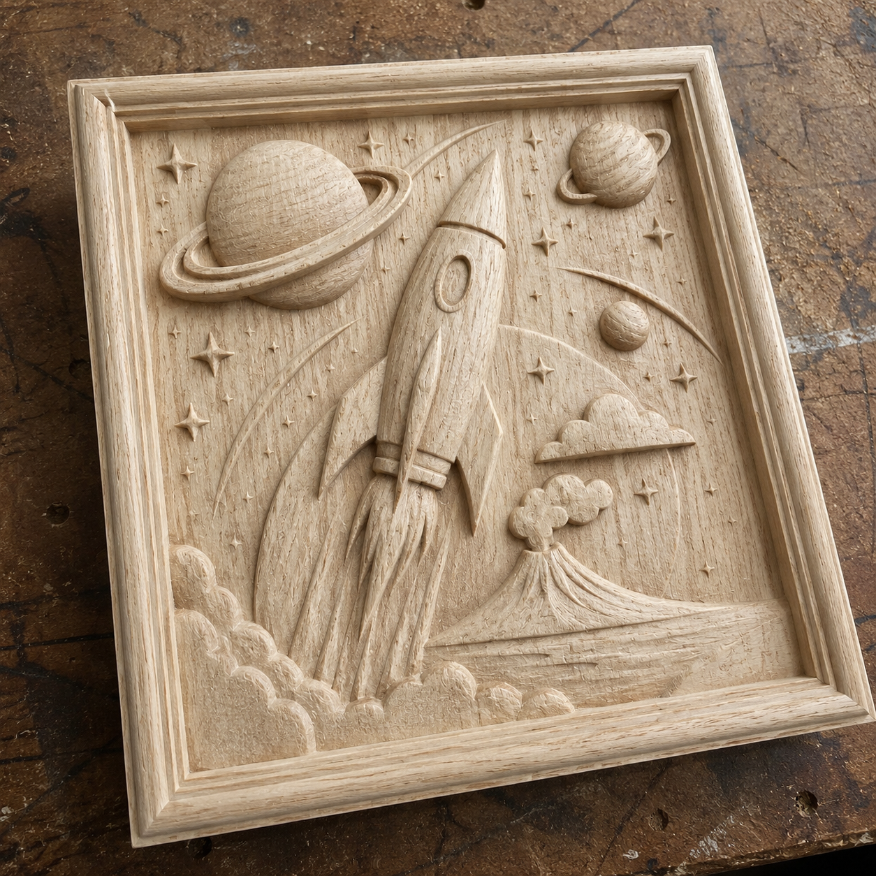The Retro Rocket Relief STL File by Form Arcade features a CNC carving of a rocket blasting past a volcano, surrounded by clouds, stars, and two ringed planets—all framed within a square border. Perfect for unique space-themed wall art.