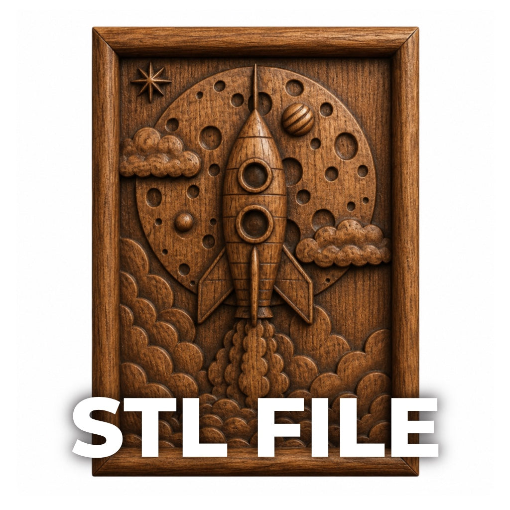 The Rocket Launch Relief STL File by Form Arcade features a rocket ship blasting off amid moons and stars, perfect for CNC wall art or 3D printing. Elevate any space with this celestial Space CNC Wall Art design.