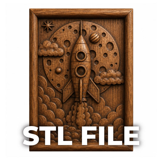 The Rocket Launch Relief STL File by Form Arcade features a rocket ship blasting off amid moons and stars, perfect for CNC wall art or 3D printing. Elevate any space with this celestial Space CNC Wall Art design.