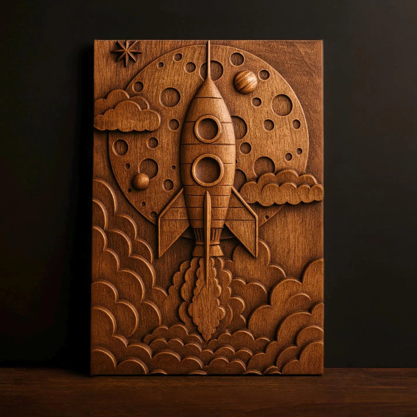 The Rocket Launch Relief STL File by Form Arcade features a rocket launching among clouds, with the moon, stars, and planets—perfect CNC wall art for creating stunning space-themed decor.