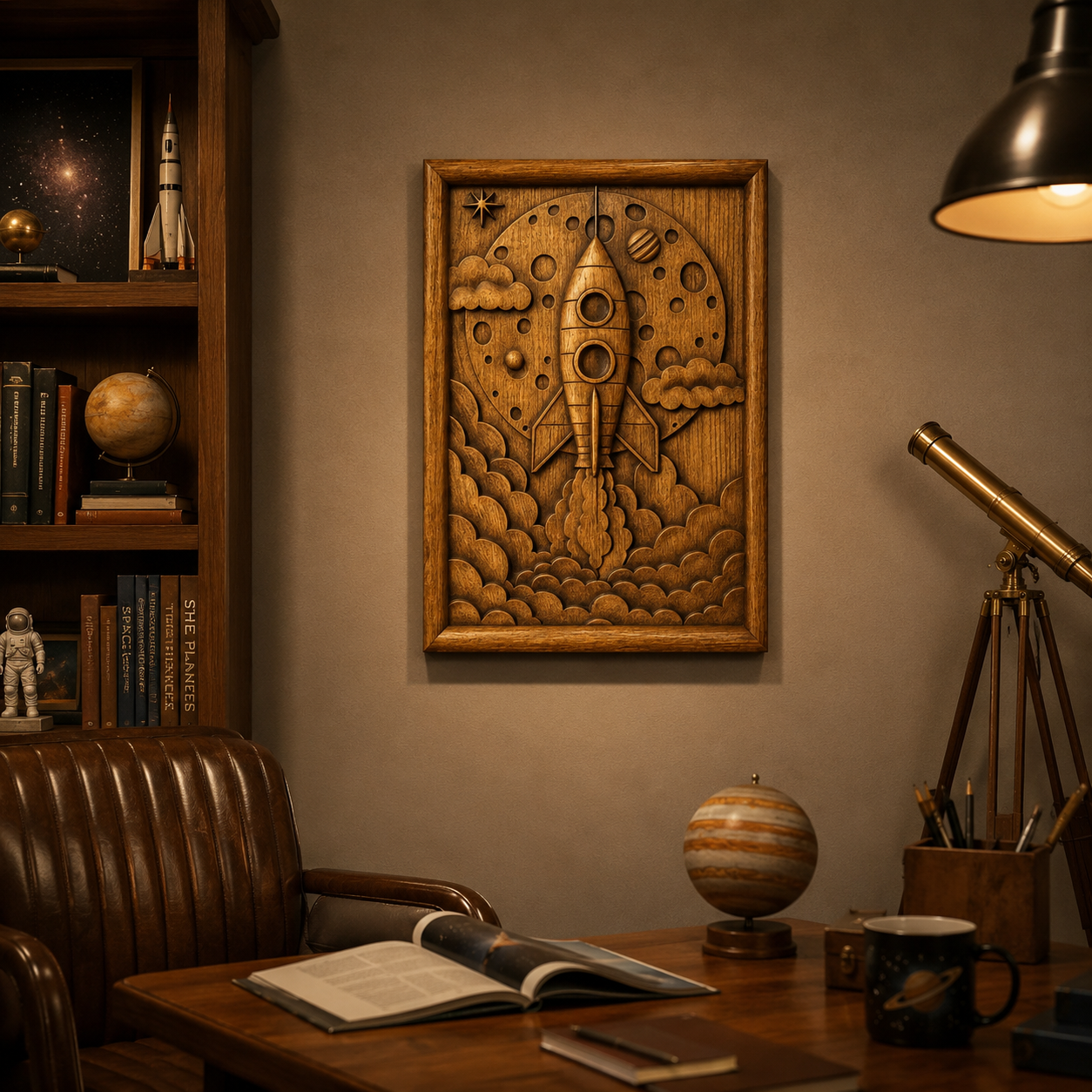 A cozy study showcases Form Arcade’s Rocket Launch Relief STL File | Space CNC Wall Art, surrounded by books, a globe, an open book on the desk, a telescope, and space-inspired decor for a vintage astronomy feel.