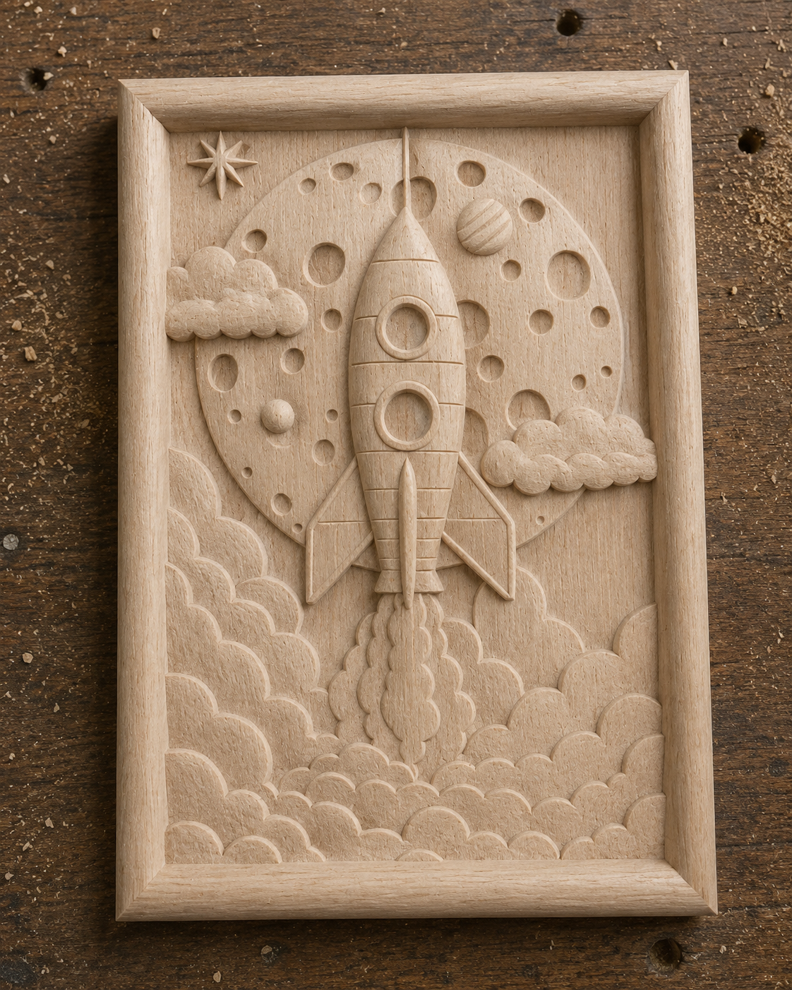 Form Arcade's Rocket Launch Relief STL File is a space-themed CNC wall art design featuring a rocket launching amid clouds, with the moon, stars, and a planet in the background, all framed by a rectangular wooden border.