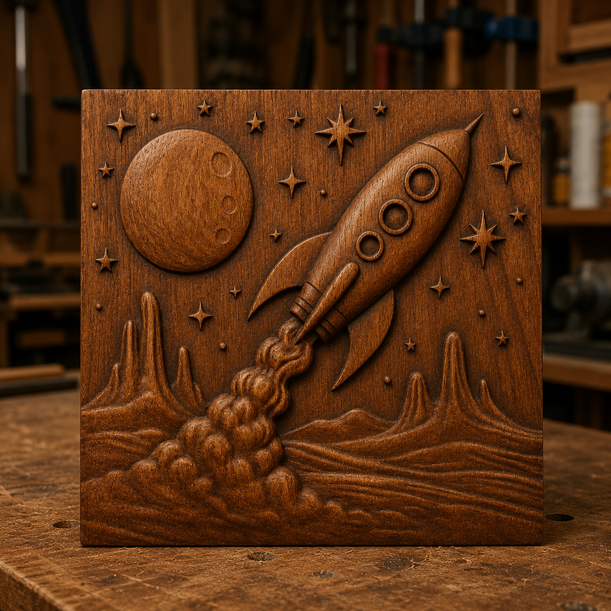 A detailed wooden carving made from the "Rocket Moon Landscape Relief STL File | Space CNC Wall Art" by Form Arcade portrays a rocket launching toward the moon, with stars in the background and craters and clouds below, displayed on a workbench in a woodshop.