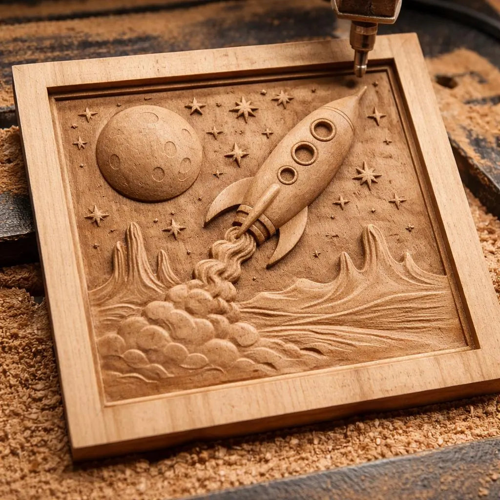 The Rocket Moon Landscape Relief STL File by Form Arcade features a detailed CNC-ready space scene with a rocket, stars, planet, clouds, and mountains—ideal for creating striking wall art with your carving tools.