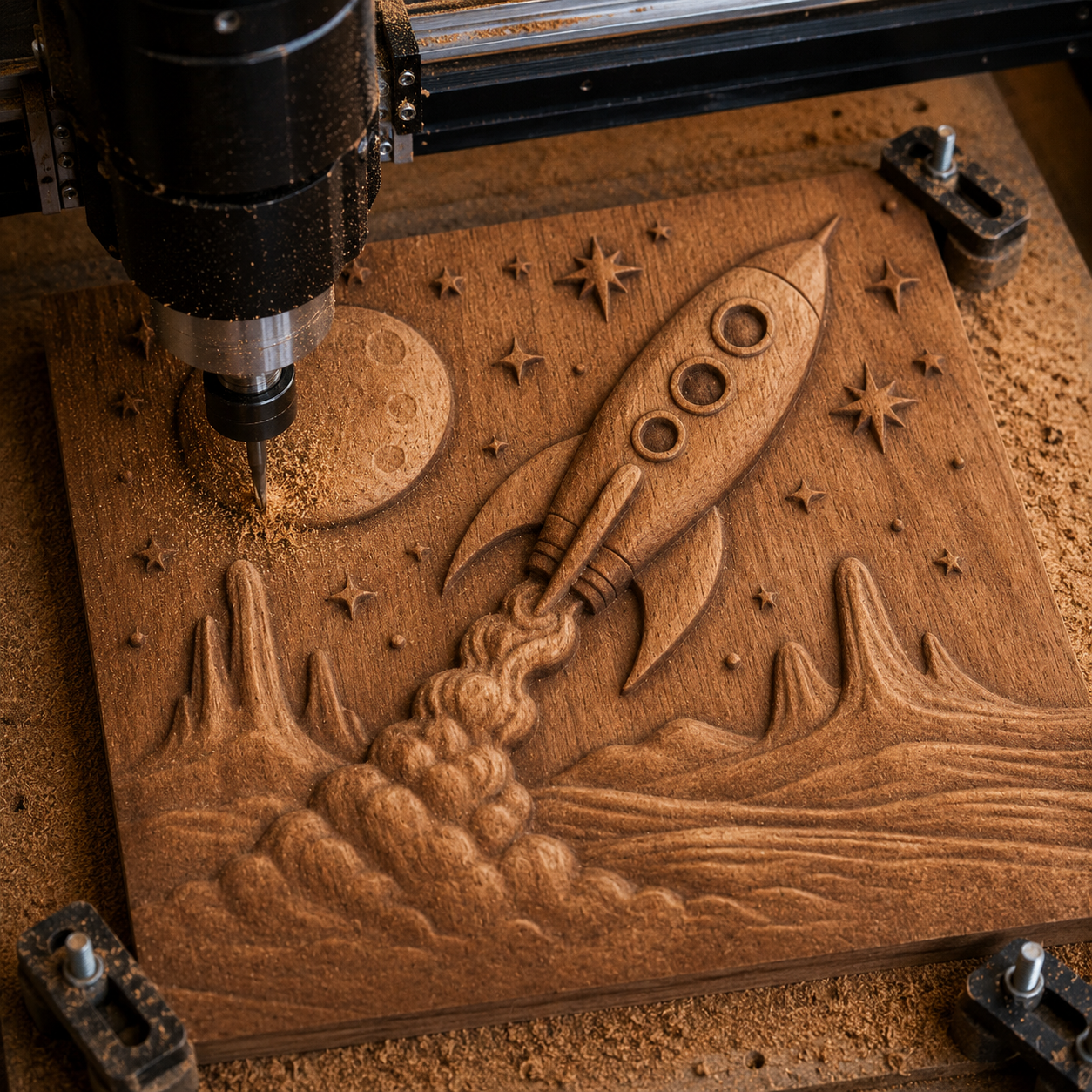 The Rocket Moon Landscape Relief STL File by Form Arcade transforms a wooden panel into captivating space-themed CNC wall art, showcasing a rocket blasting off amidst mountains, stars, and the moon.