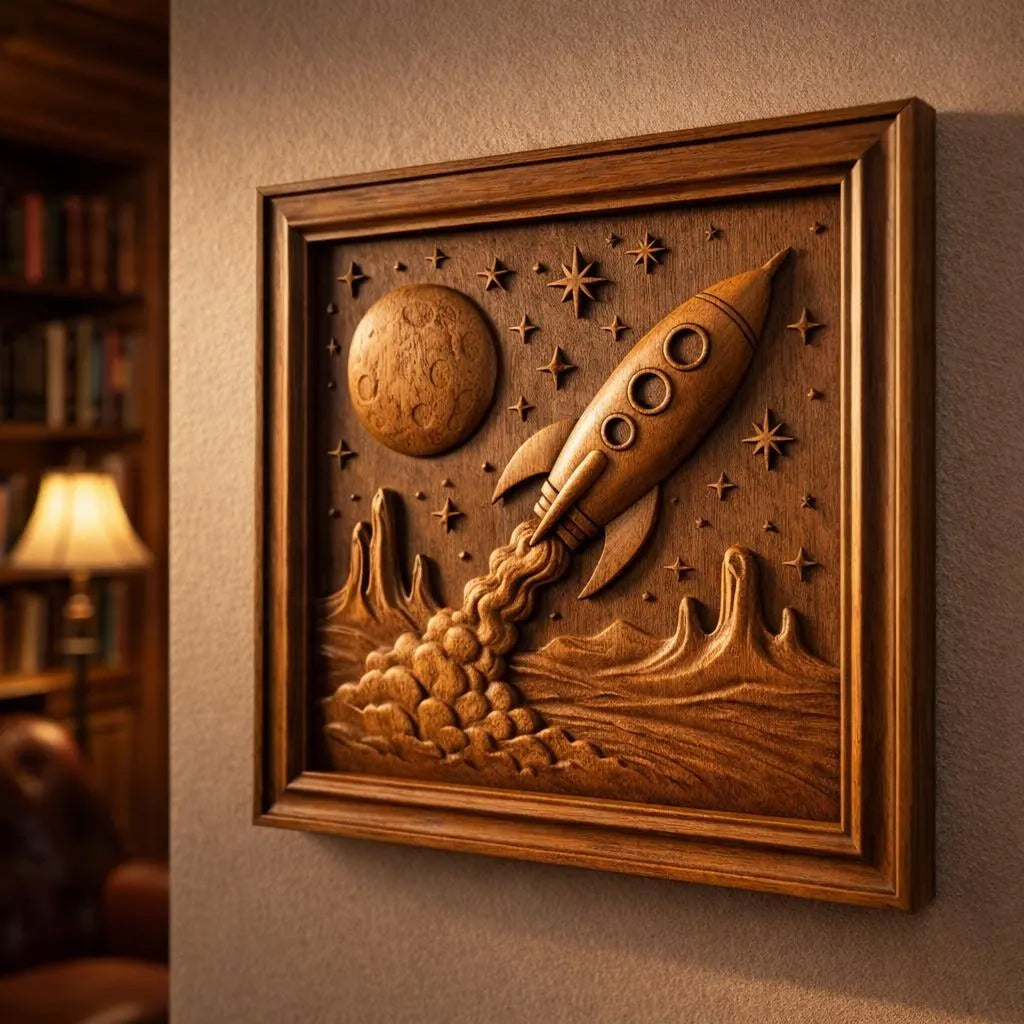 The Rocket Moon Landscape Relief STL File by Form Arcade lets you create space-themed CNC wall art featuring a rocket, stars, planet, and mountains—perfect for adding a celestial touch to any warmly lit room.