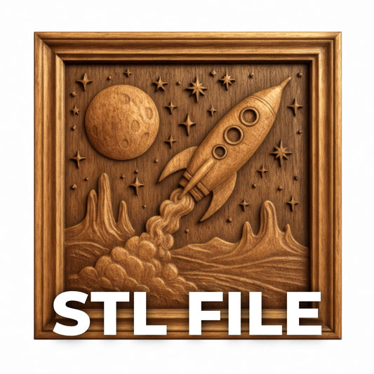 A carved wooden plaque shows a rocket launching to the moon with stars, featuring the Form Arcade Rocket Moon Landscape Relief STL File | Space CNC Wall Art. "STL FILE" is boldly displayed in white at the bottom.