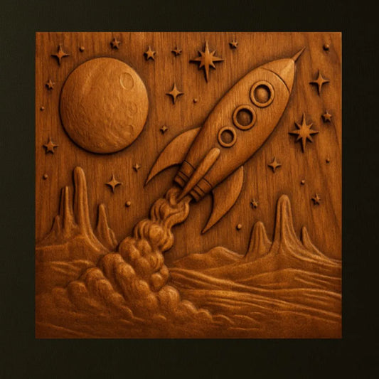 The Rocket Moon Landscape Relief STL File by Form Arcade features a detailed CNC carving of a rocket launching on an alien terrain, with stars and a planet above—a perfect space-themed wall art design for 3D printing.