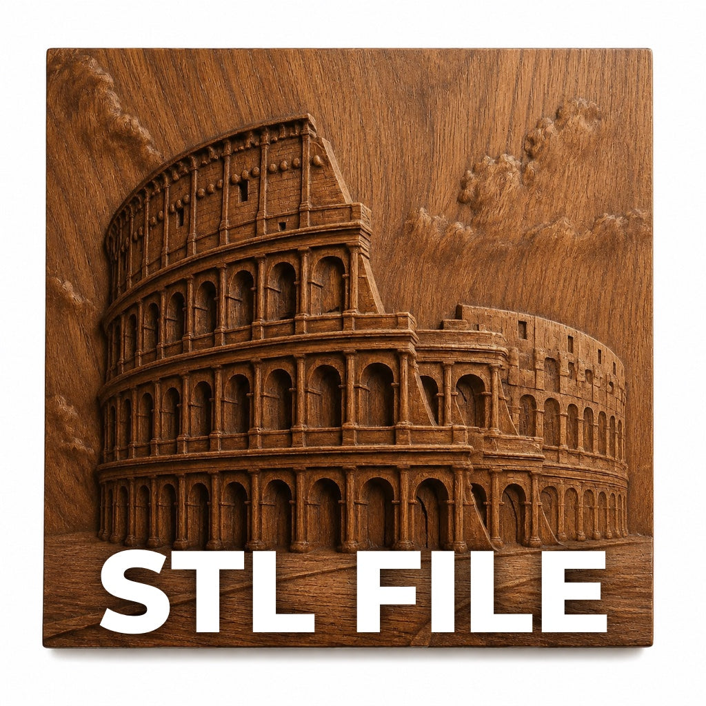 Form Arcade’s Roman Colosseum Relief STL File | Colosseum CNC Wall Art features detailed clouds and textures, making it ideal for woodworking projects. "STL FILE" appears in bold white letters at the bottom of the carved relief.
